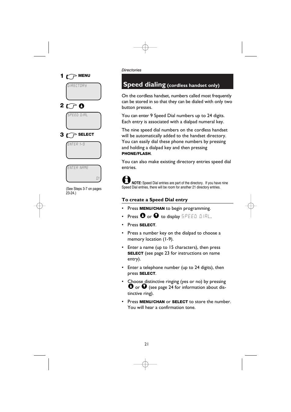 Speed dialing (cordless handset only), To create a speed dial entry, Speed dialing | AT&T E5908 User Manual | Page 25 / 62