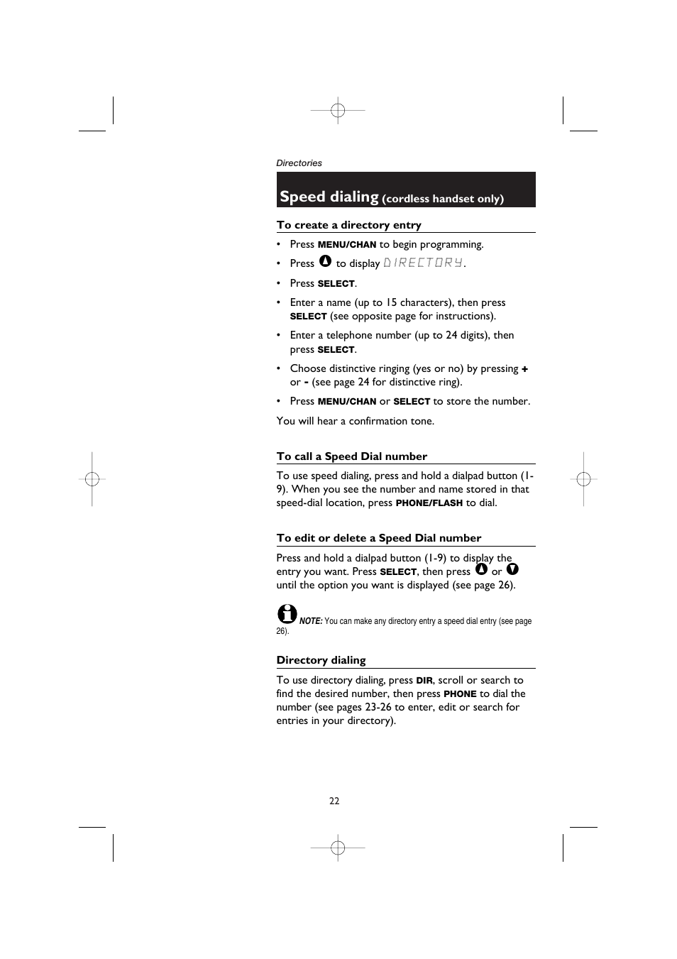 To create a directory entry, To call a speed dial number, To edit or delete a speed dial number | Directory dialing, Speed dialing | AT&T E5908 User Manual | Page 26 / 62