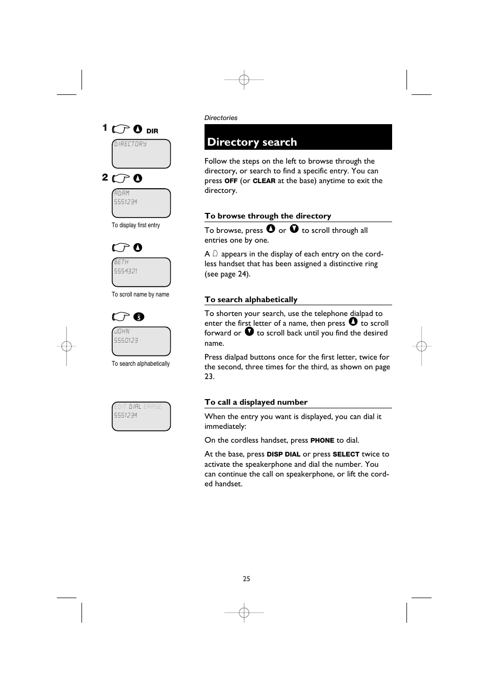 Directory search, To browse through the directory, To search alphabetically | To call a displayed number | AT&T E5908 User Manual | Page 29 / 62