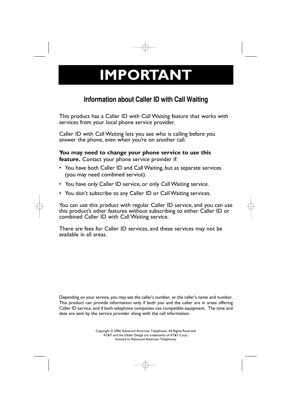 Important, Information about caller id with call waiting | AT&T E5908 User Manual | Page 3 / 62