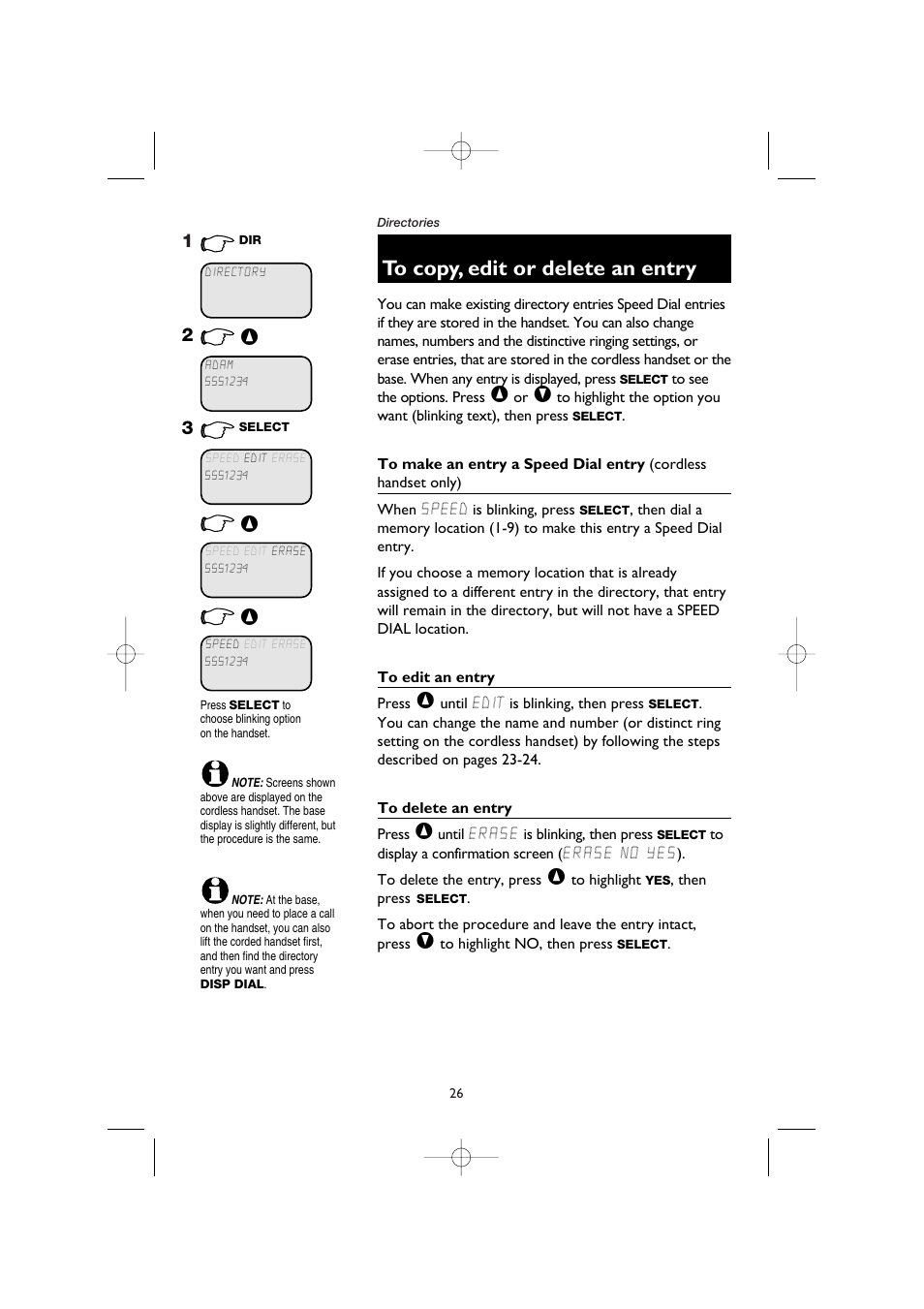 To copy, edit or delete an entry, To make an entry a speed dial entry (cordless, To edit an entry | To delete an entry | AT&T E5908 User Manual | Page 30 / 62