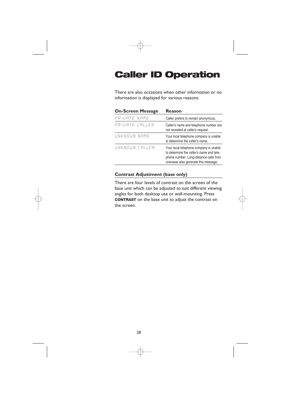 On-screen message, Contrast adjustment (base only), Caller id operation | AT&T E5908 User Manual | Page 32 / 62