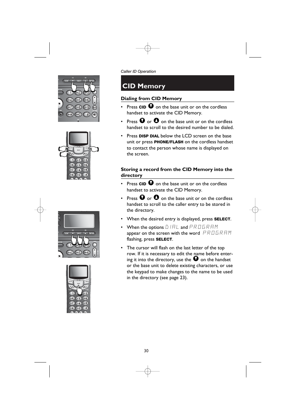 Dialing from cid memory, Storing a record from the cid memory into the | AT&T E5908 User Manual | Page 34 / 62