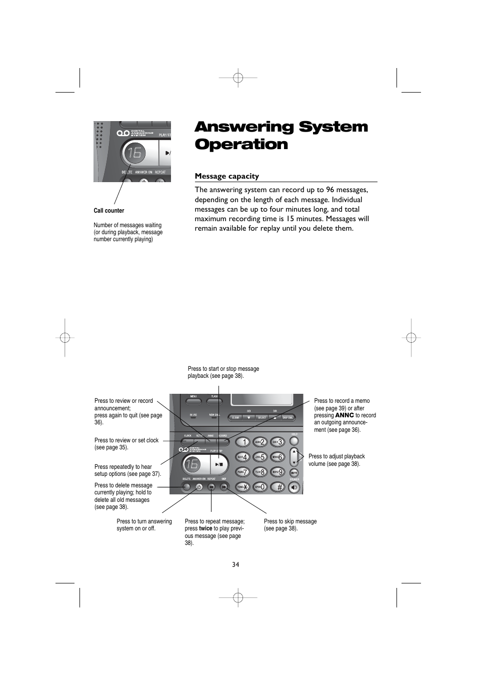 Answering system, Message capacity, Answering system operation | AT&T E5908 User Manual | Page 38 / 62