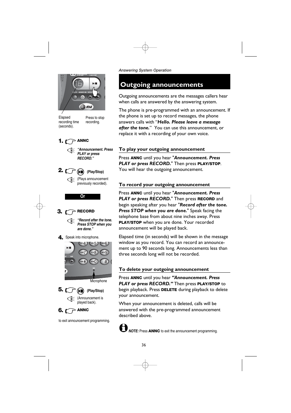 Outgoing announcements, To play your outgoing announcement, To record your outgoing announcement | To delete your outgoing announcement | AT&T E5908 User Manual | Page 40 / 62