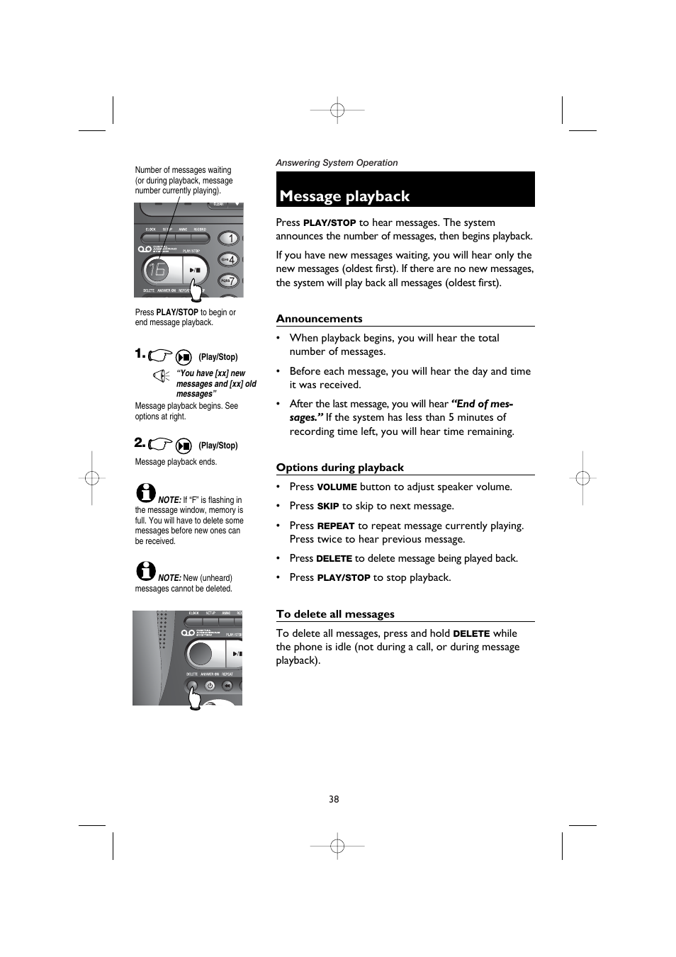 Message playback, Announcements, Options during playback | To delete all messages | AT&T E5908 User Manual | Page 42 / 62
