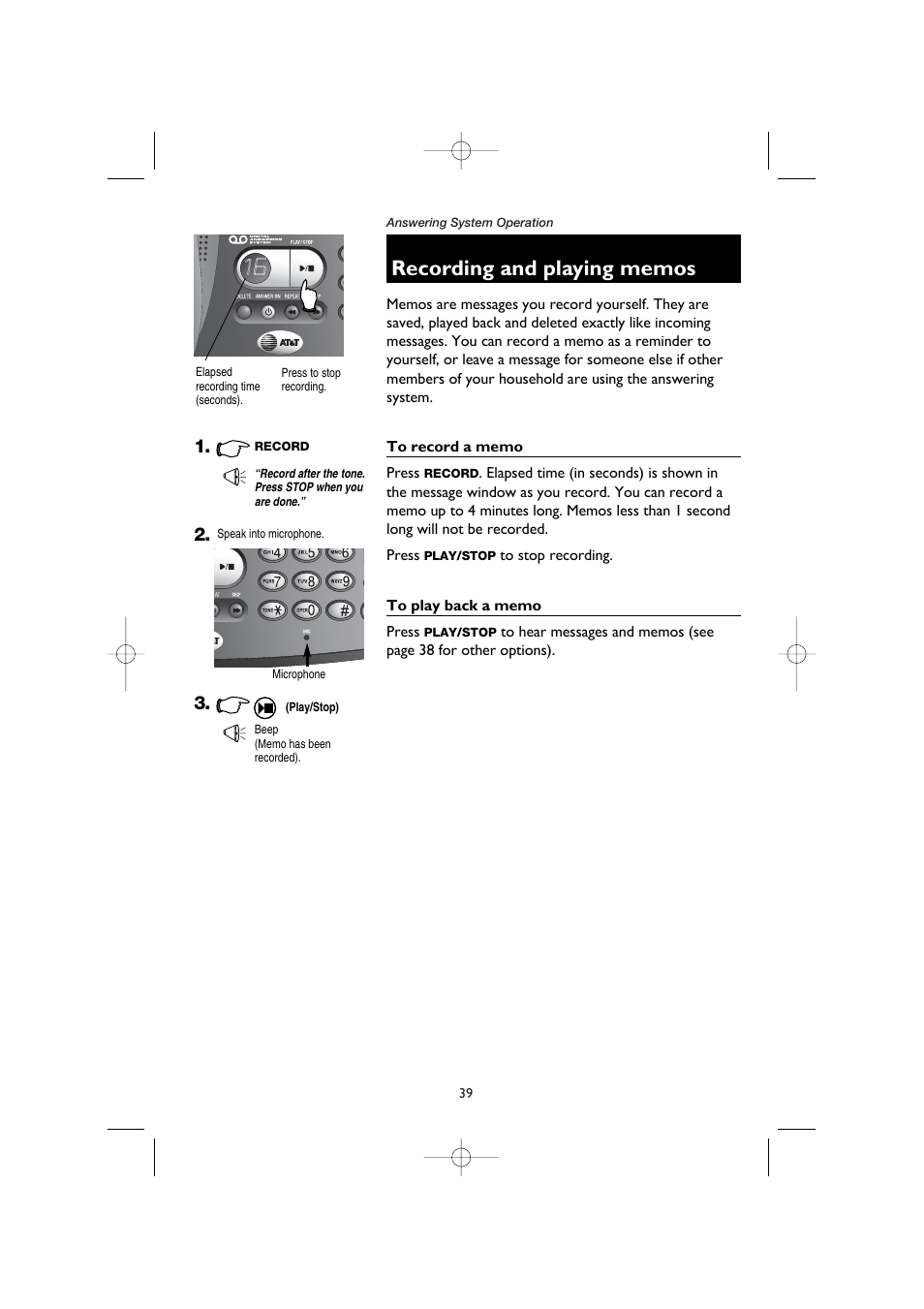 Recording and playing memos, To record a memo, To play back a memo | AT&T E5908 User Manual | Page 43 / 62