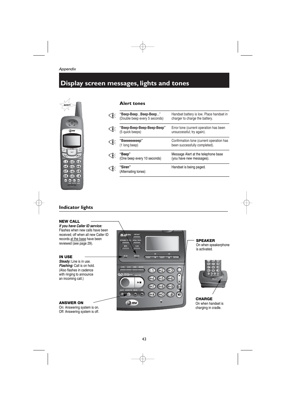 Alert tones, Indicator lights, Display screen messages, lights and tones | AT&T E5908 User Manual | Page 47 / 62
