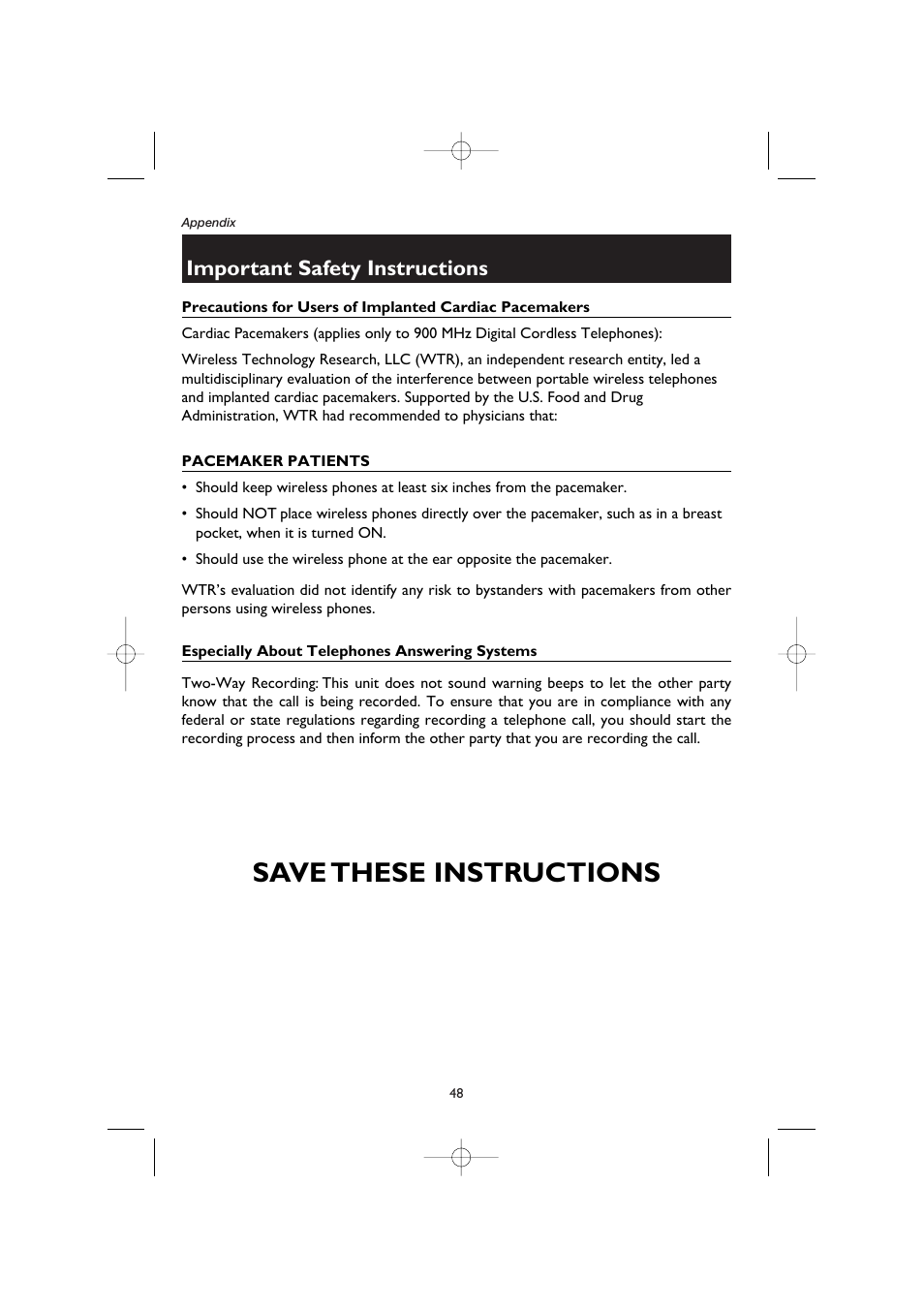 Save these instructions, Important safety instructions | AT&T E5908 User Manual | Page 52 / 62