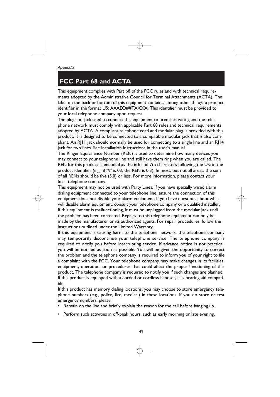 Fcc part 68 and acta | AT&T E5908 User Manual | Page 53 / 62