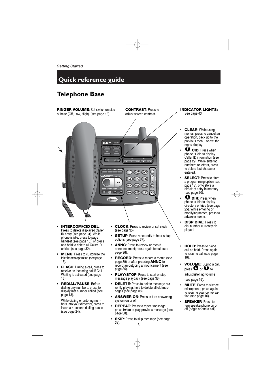 Telephone base, Ringer volume, Contrast | Indicator lights, Clear, Select, Disp dial, Clock, Intercom/cid del, Menu | AT&T E5908 User Manual | Page 7 / 62