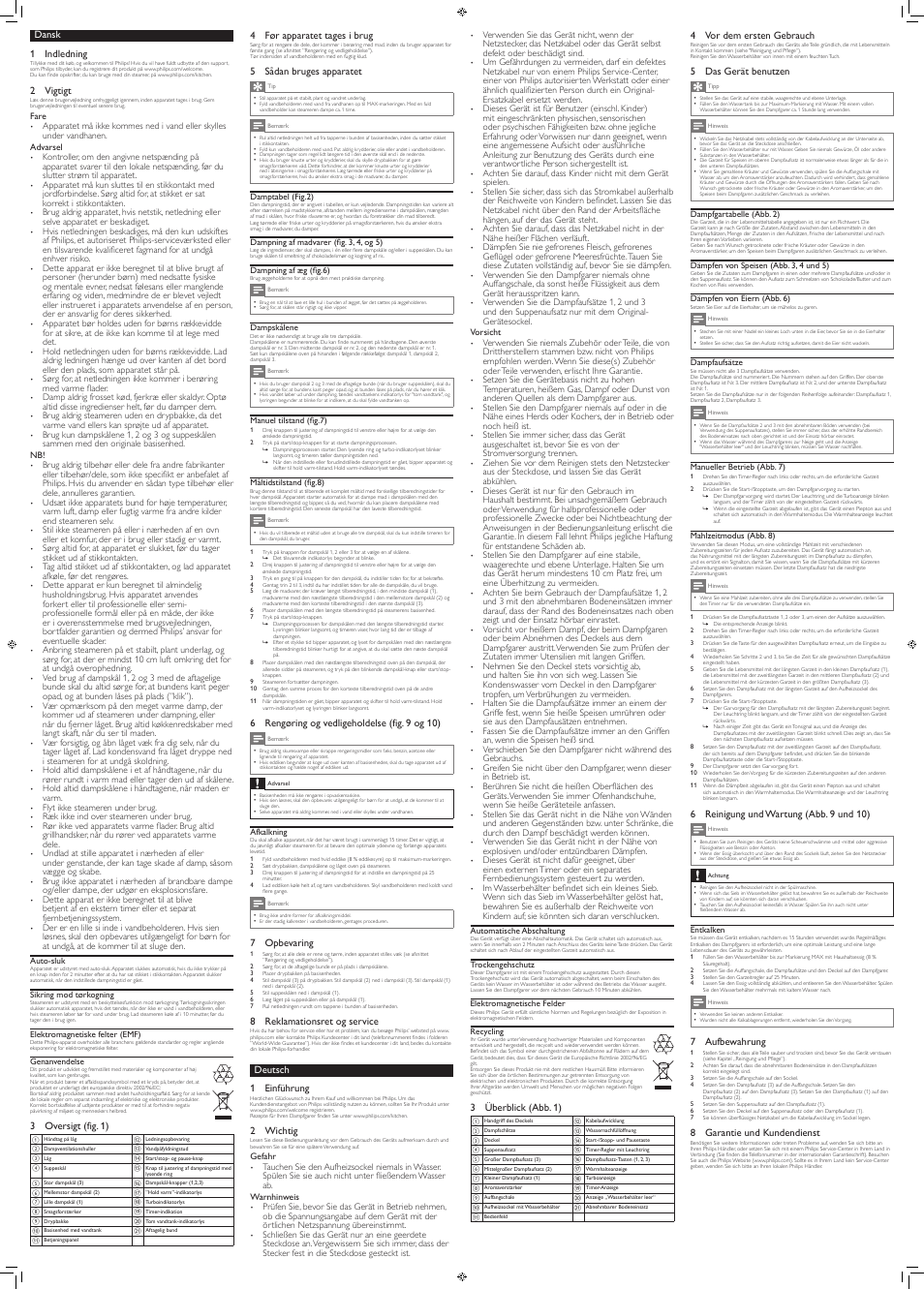Dansk 1 indledning, 2 vigtigt, 3 oversigt (fig. 1) | 3 überblick (abb. 1), 4 før apparatet tages i brug, 5 sådan bruges apparatet, 6 rengøring og vedligeholdelse (fig. 9 og 10), 7 opbevaring, 8 reklamationsret og service, Deutsch 1 einführung | Philips Avance Collection Cuiseur Vapeur User Manual | Page 2 / 8