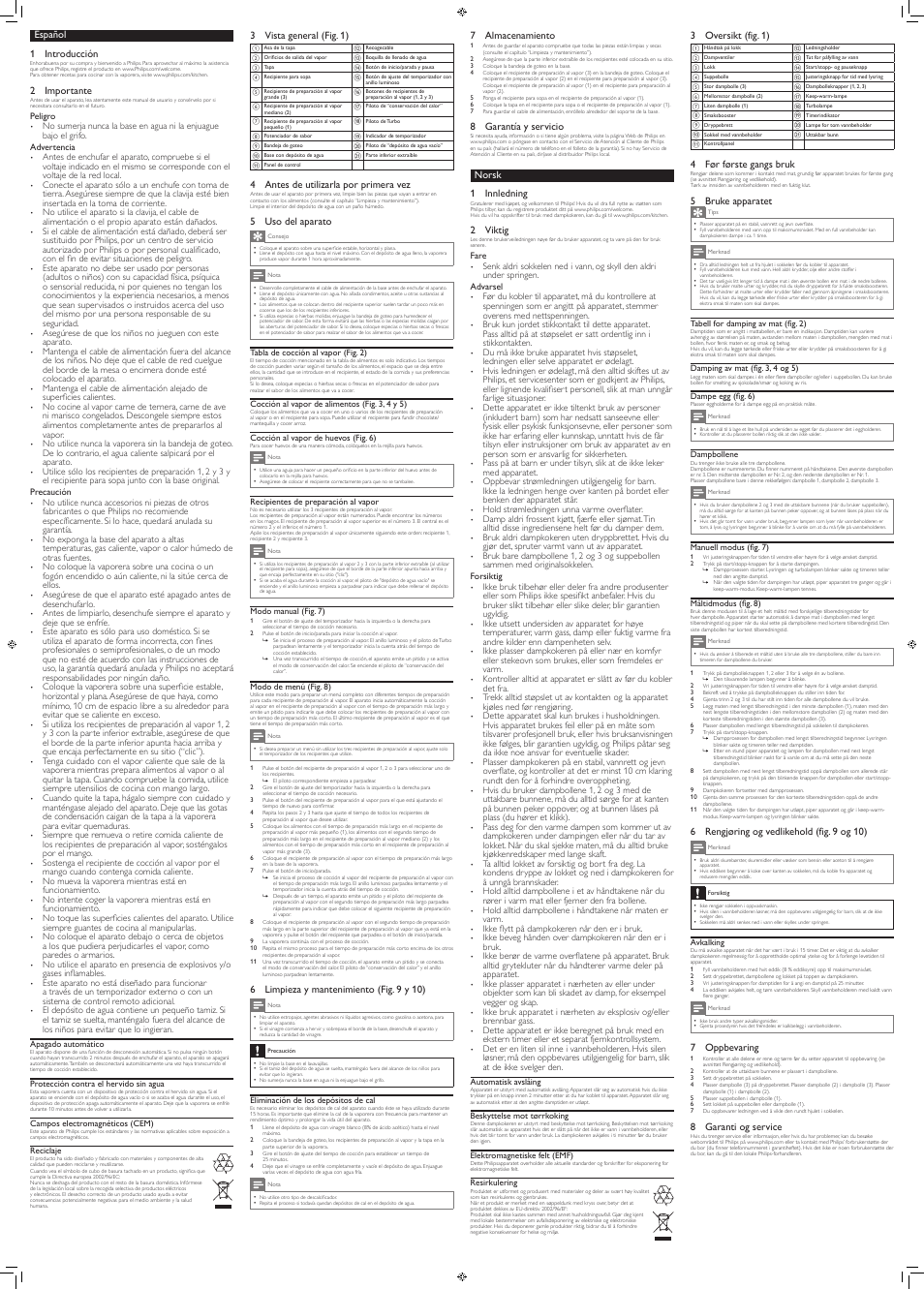 Español 1 introducción, 2 importante, 3 vista general (fig. 1) | 4 antes de utilizarla por primera vez, 5 uso del aparato, 6 limpieza y mantenimiento (fig. 9 y 10), 7 almacenamiento, 8 garantía y servicio, Norsk 1 innledning, 2 viktig | Philips Avance Collection Cuiseur Vapeur User Manual | Page 4 / 8