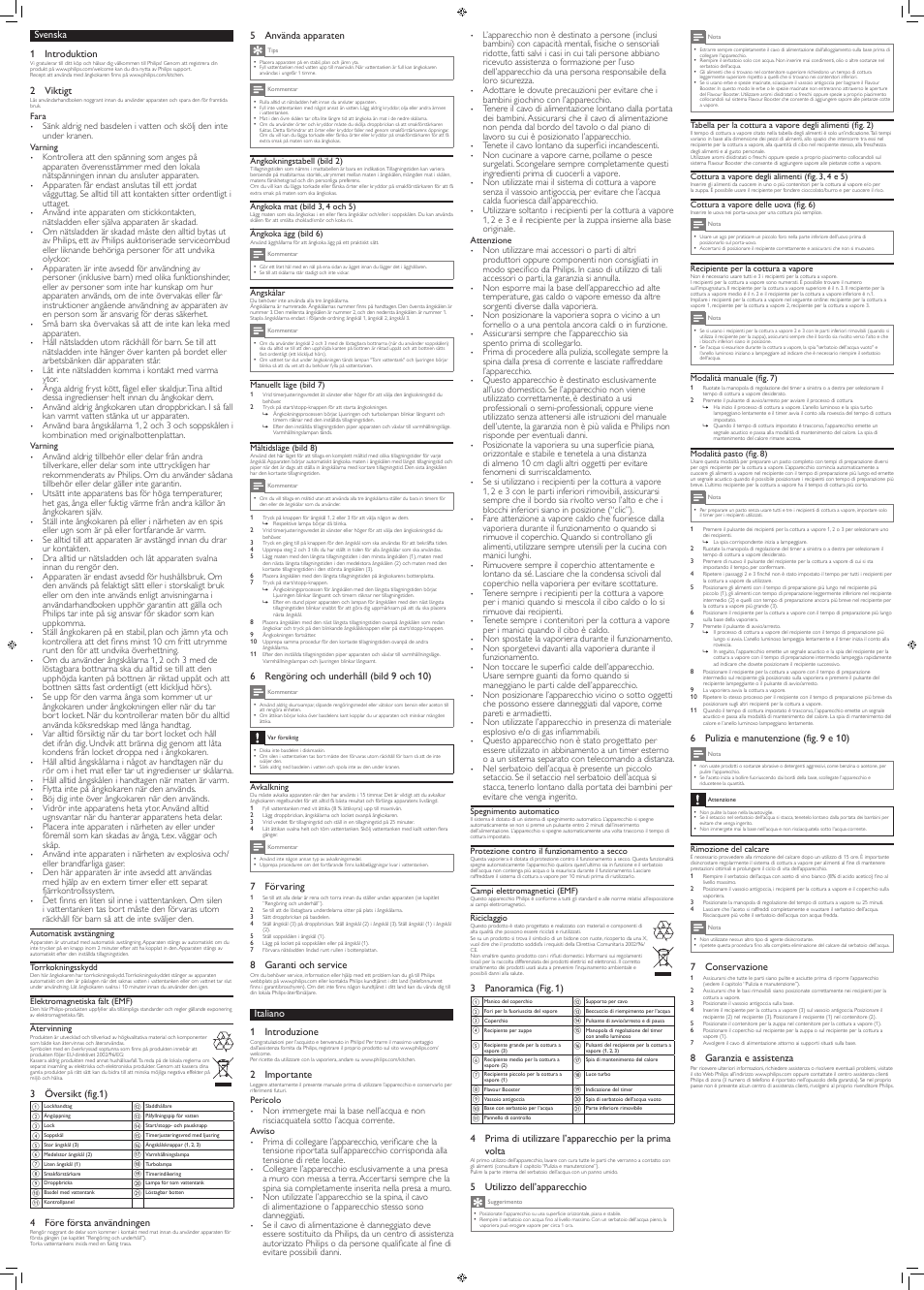 Svenska 1 introduktion, 2 viktigt, 3 översikt (fig.1) | 4 före första användningen, 5 använda apparaten, 6 rengöring och underhåll (bild 9 och 10), 7 förvaring, 8 garanti och service, Italiano 1 introduzione, 2 importante | Philips Avance Collection Cuiseur Vapeur User Manual | Page 6 / 8