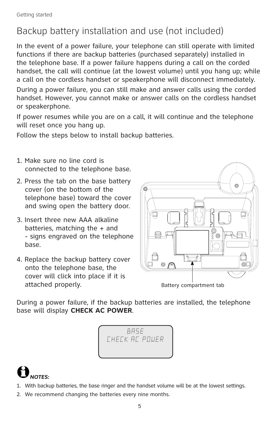 Backup battery installation and use (not included) | AT&T TL74308 User Manual | Page 10 / 97