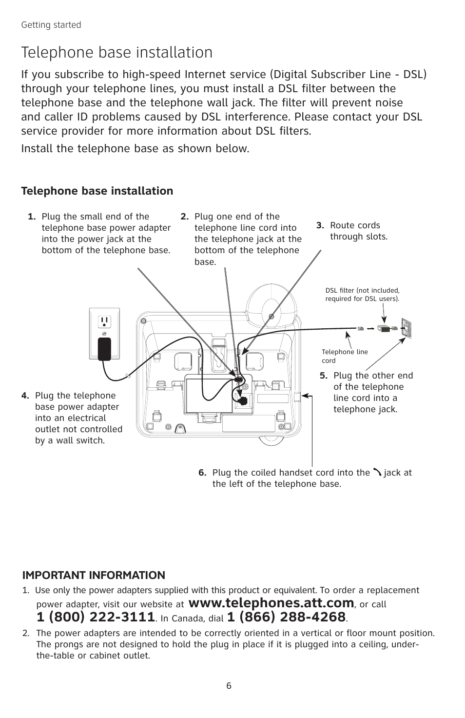 Telephone base installation, Important information | AT&T TL74308 User Manual | Page 11 / 97
