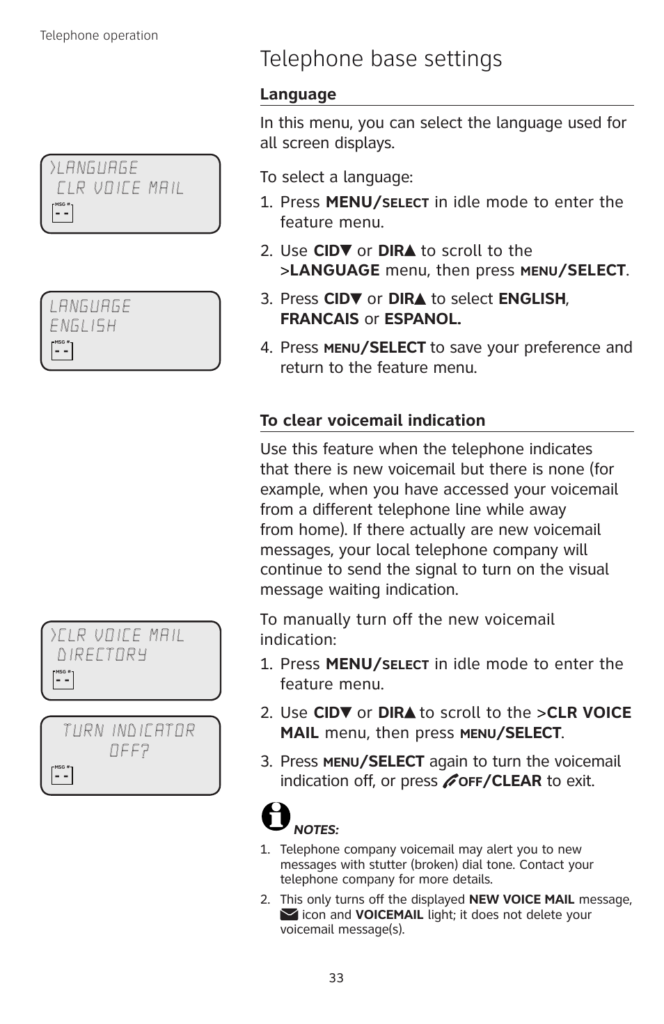Telephone base settings | AT&T TL74308 User Manual | Page 38 / 97