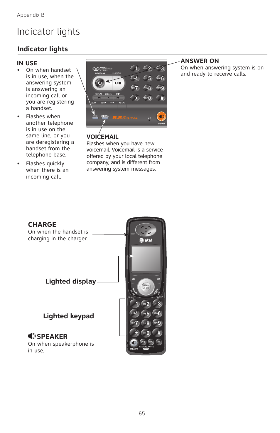 Indicator lights, Lighted keypad lighted display charge, Speaker | AT&T TL74308 User Manual | Page 70 / 97