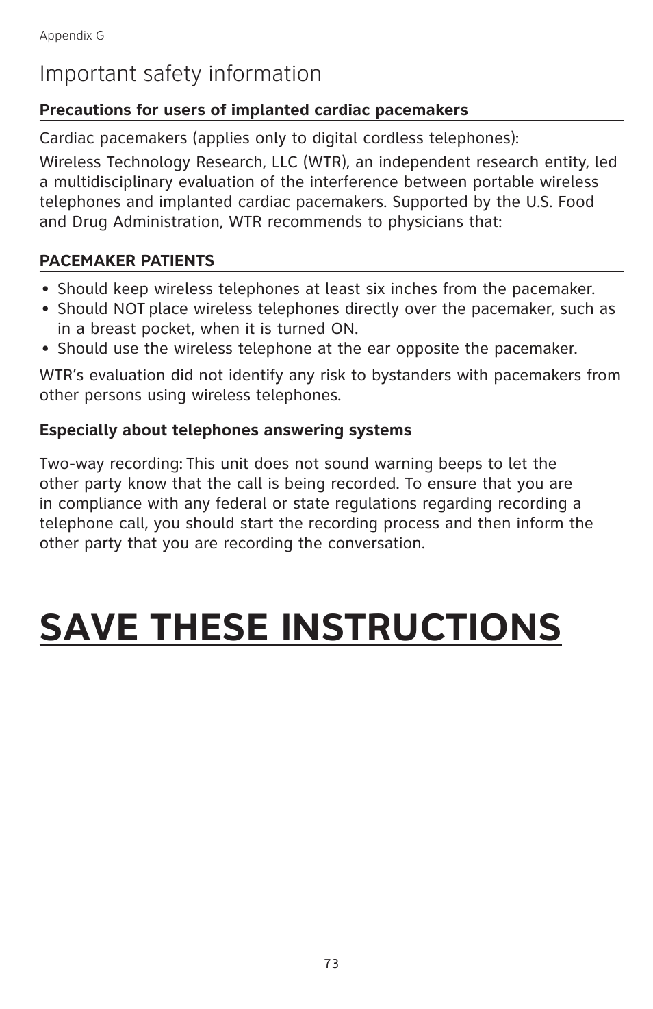 Save these instructions, Important safety information | AT&T TL74308 User Manual | Page 78 / 97