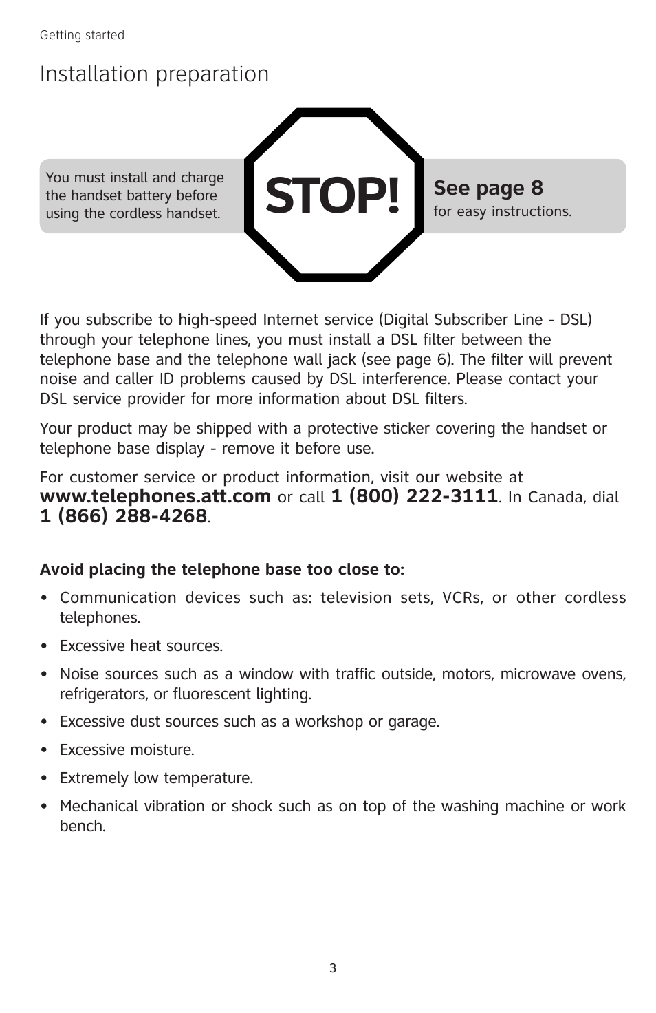 Stop, Installation preparation, See page 8 | AT&T TL74308 User Manual | Page 8 / 97