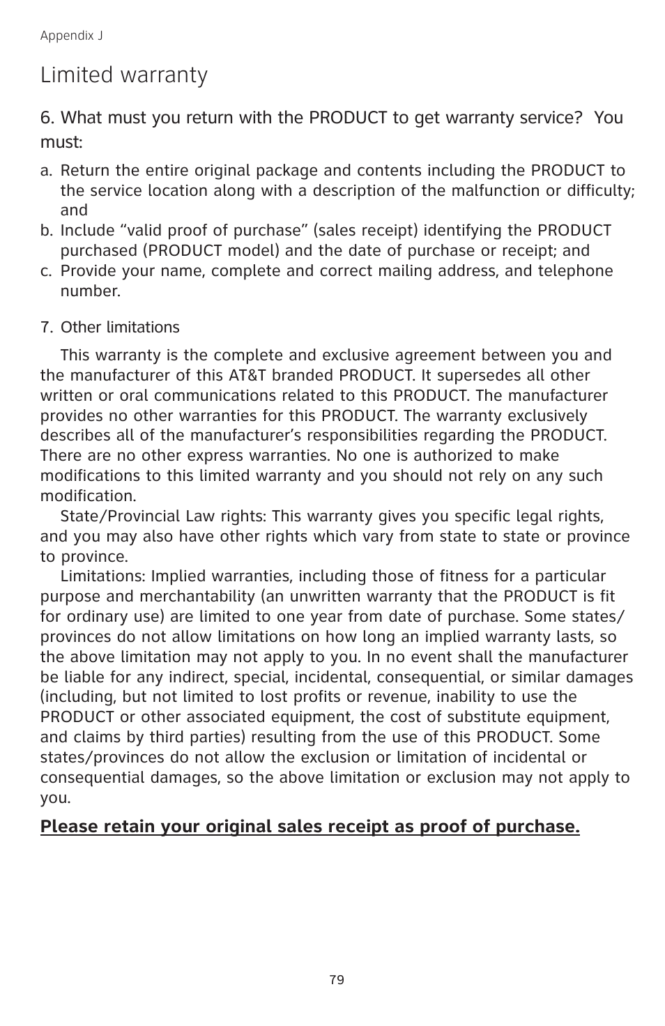 Limited warranty | AT&T TL74308 User Manual | Page 84 / 97