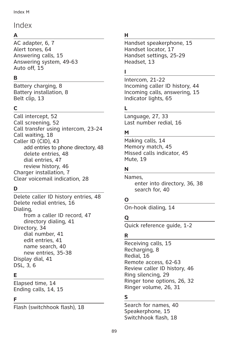 Index | AT&T TL74308 User Manual | Page 94 / 97
