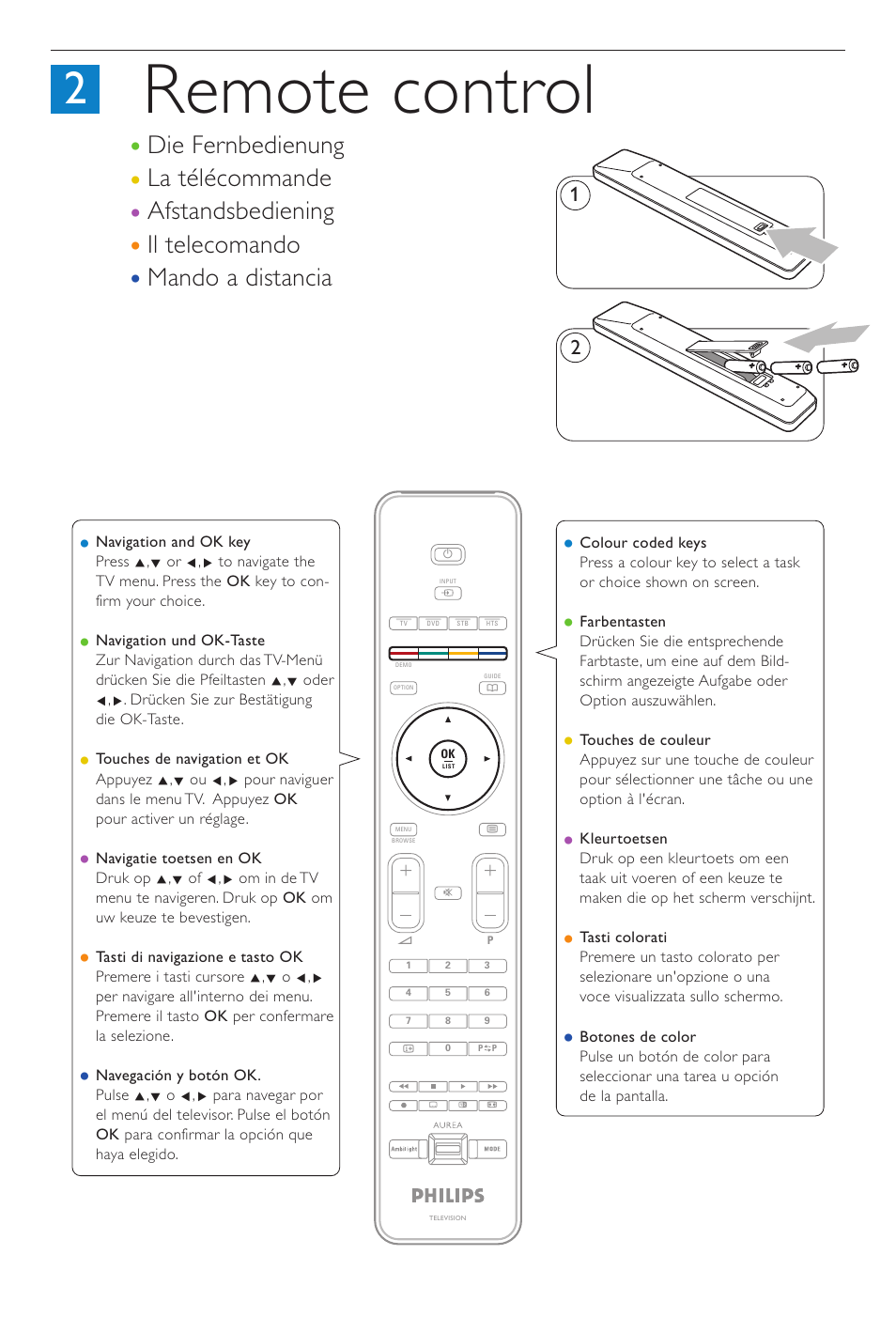 Remote control, Il telecomando mando a distancia | Philips Aurea Téléviseur User Manual | Page 5 / 37