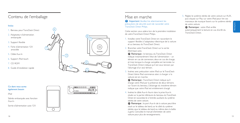 Mise en marche, Contenu de l’emballage | Philips AuxDock User Manual | Page 10 / 92