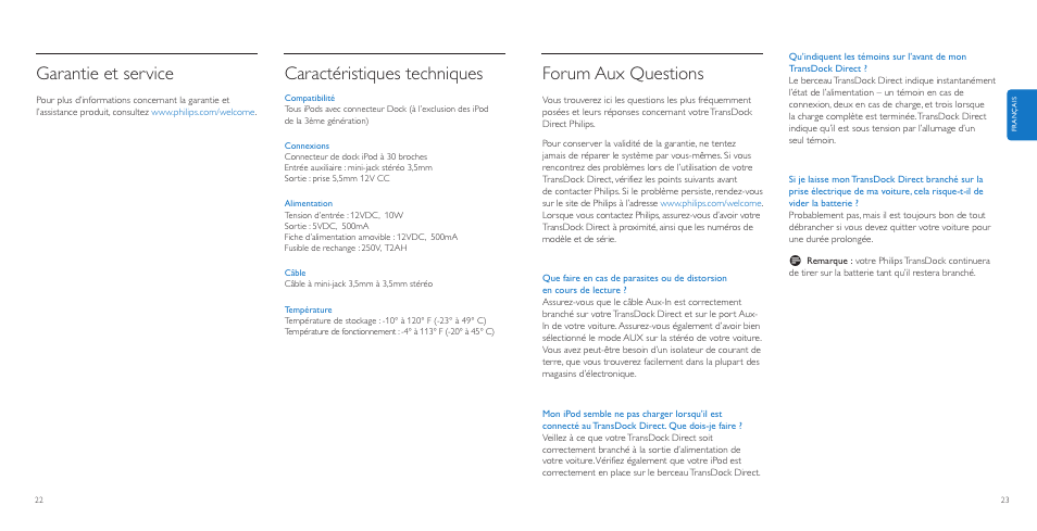 Forum aux questions, Garantie et service, Caractéristiques techniques | Philips AuxDock User Manual | Page 12 / 92