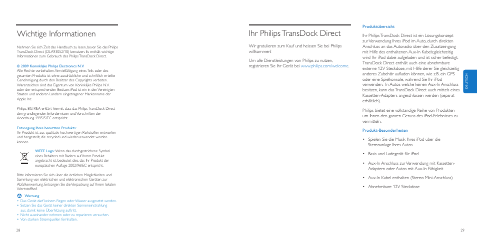 Ihr philipstransdock direct, Wichtige informationen | Philips AuxDock User Manual | Page 15 / 92