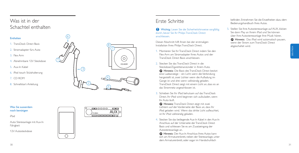Erste schritte, Was ist in der schachtel enthalten | Philips AuxDock User Manual | Page 16 / 92