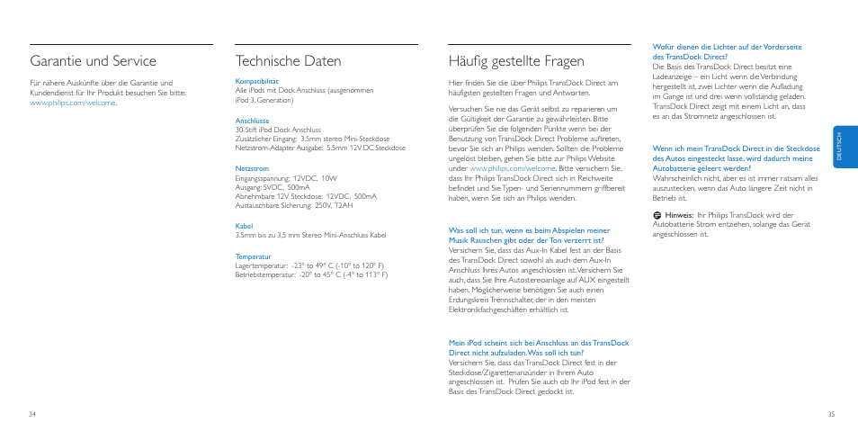 Häuﬁg gestellte fragen, Garantie und service, Technische daten | Philips AuxDock User Manual | Page 18 / 92