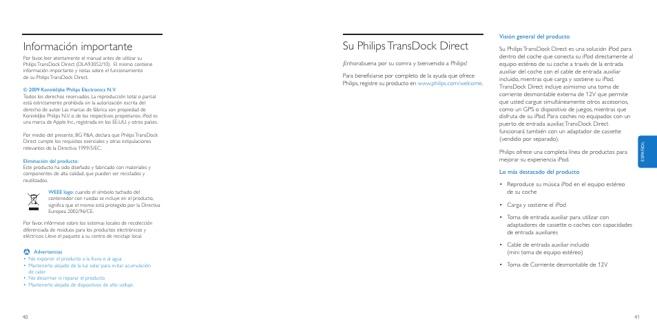 Su philipstransdock direct, Información importante | Philips AuxDock User Manual | Page 21 / 92