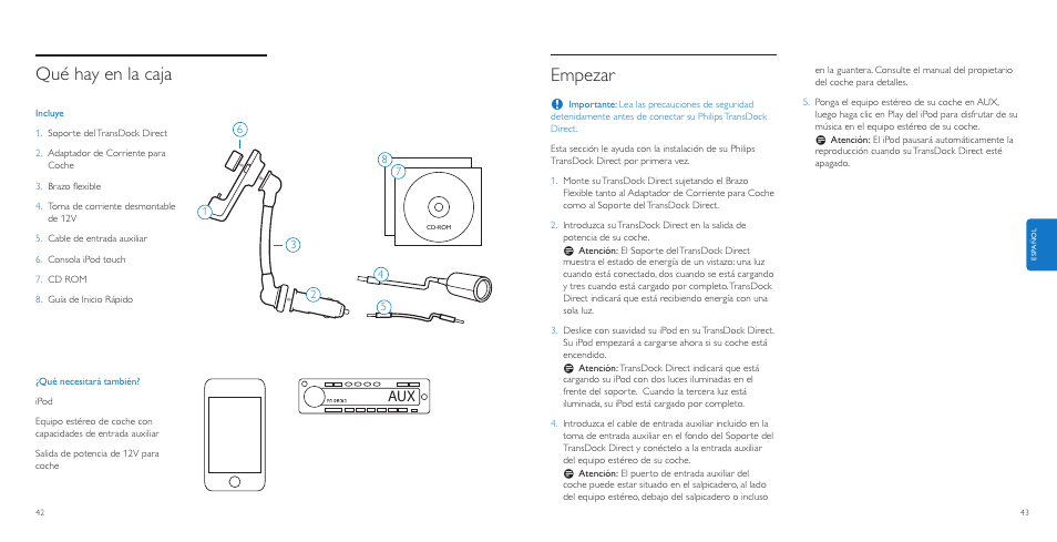 Empezar, Qué hay en la caja | Philips AuxDock User Manual | Page 22 / 92