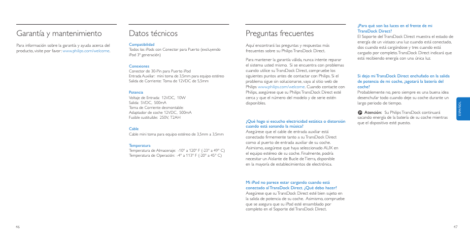 Preguntas frecuentes, Garantía y mantenimiento, Datos técnicos | Philips AuxDock User Manual | Page 24 / 92