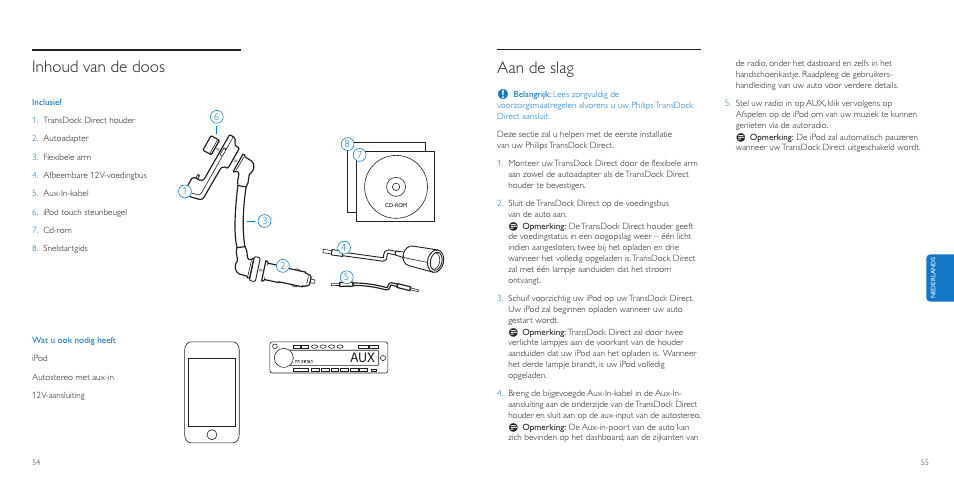 Aan de slag, Inhoud van de doos | Philips AuxDock User Manual | Page 28 / 92