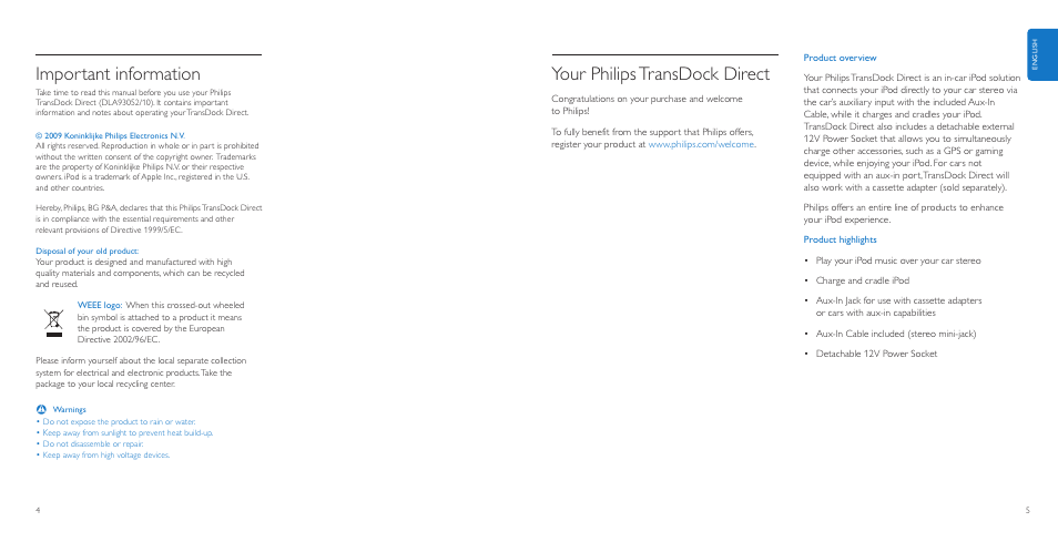 Important information, Your philipstransdock direct | Philips AuxDock User Manual | Page 3 / 92