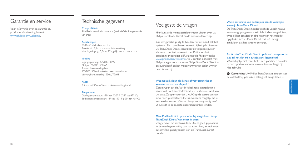 Veelgestelde vragen, Garantie en service, Technische gegevens | Philips AuxDock User Manual | Page 30 / 92