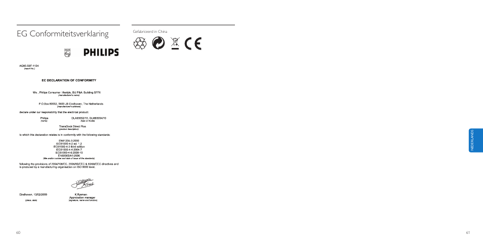 Eg conformiteitsverklaring | Philips AuxDock User Manual | Page 31 / 92