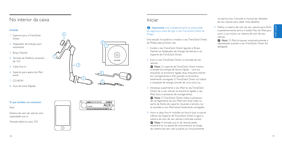 Iniciar, No interior da caixa | Philips AuxDock User Manual | Page 40 / 92