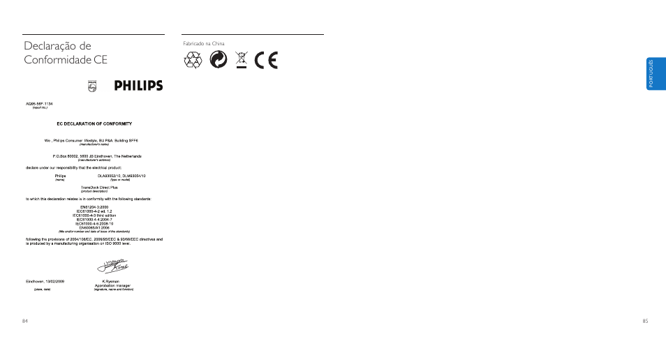 Declaração de conformidade ce | Philips AuxDock User Manual | Page 43 / 92