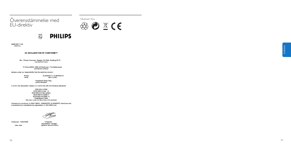 Överensstämmelse med eu-direktiv | Philips AuxDock User Manual | Page 49 / 92