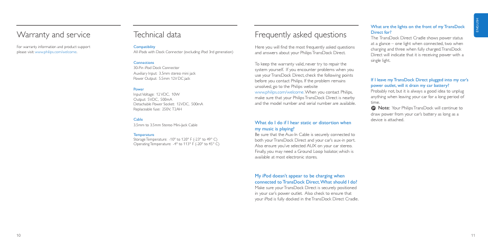 Warranty and service, Technical data, Frequently asked questions | Philips AuxDock User Manual | Page 6 / 92