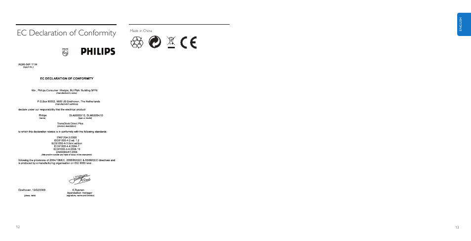 Ec declaration of conformity | Philips AuxDock User Manual | Page 7 / 92