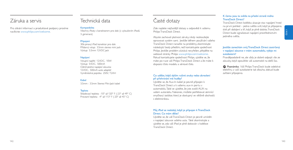 Časté dotazy, Záruka a servis, Technická data | Philips AuxDock User Manual | Page 72 / 92
