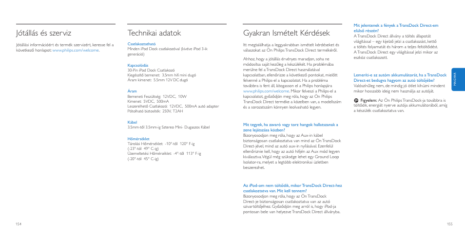 Gyakran ismételt kérdések, Jótállás és szerviz, Technikai adatok | Philips AuxDock User Manual | Page 78 / 92
