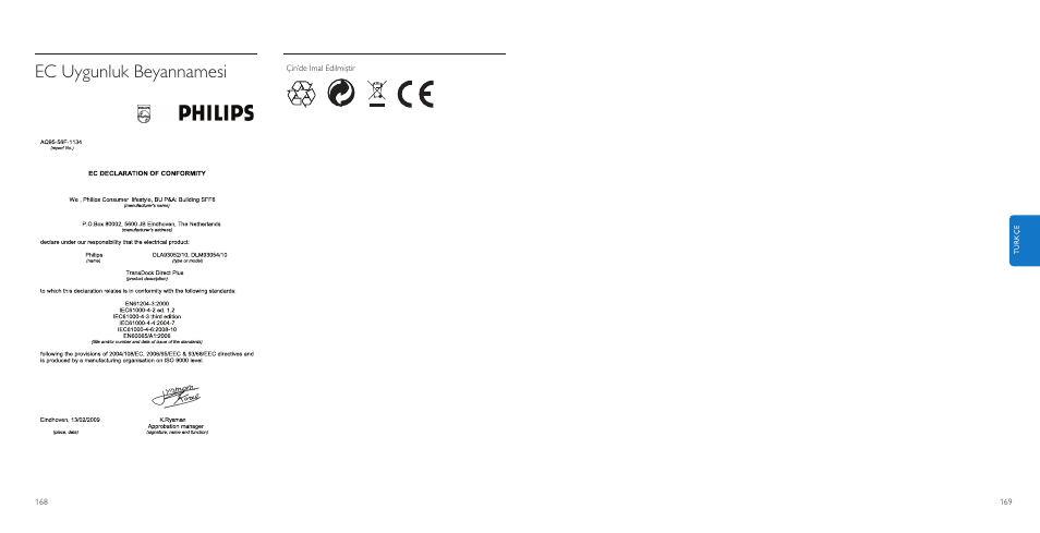 Ec uygunluk beyannamesi | Philips AuxDock User Manual | Page 85 / 92