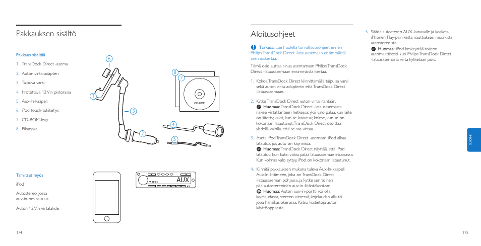 Aloitusohjeet, Pakkauksen sisältö | Philips AuxDock User Manual | Page 88 / 92