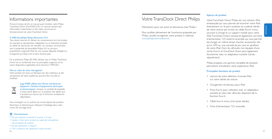 Votretransdock direct philips, Informations importantes | Philips AuxDock User Manual | Page 9 / 92