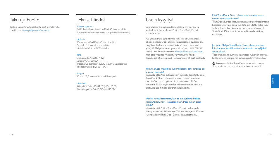 Usein kysyttyä, Takuu ja huolto, Tekniset tiedot | Philips AuxDock User Manual | Page 90 / 92